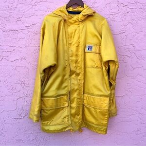 Vintage NORTH ATLANTIC TRADING CO Yellow RAIN JACKET Sailing Distressed Flaw